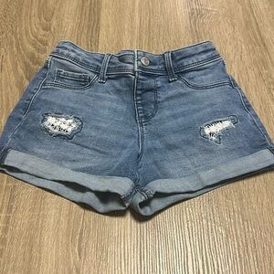 Lace detailed denim shorts